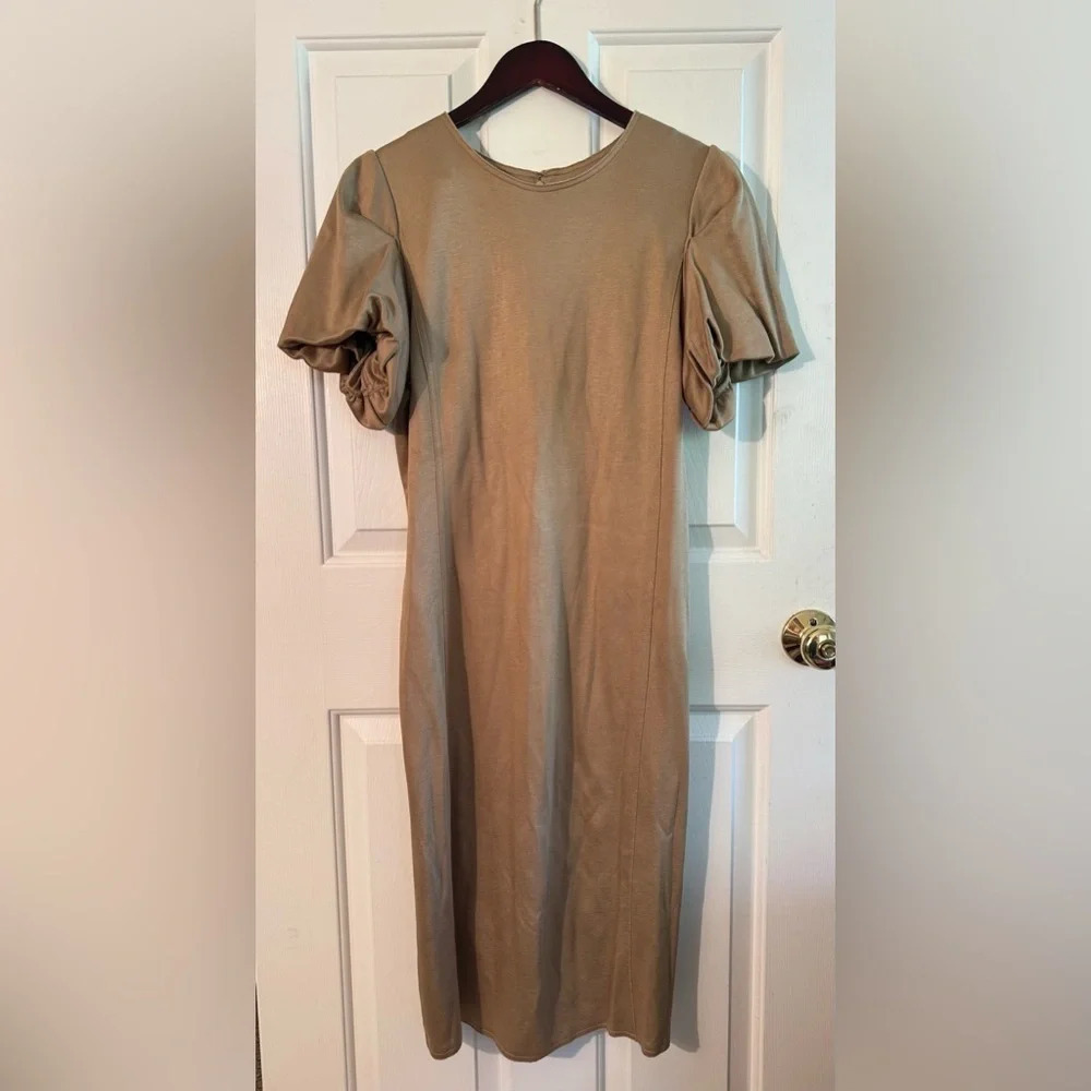 COS M Glossy Minimalist Taupe Puff Bubble Short Sleeve Shift Scandi Style Dress - Picture 4 of 16